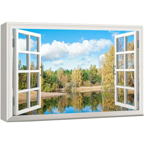 wall26 Canvas Print Wall Art Window View of Autumn Forest &amp; Lake Nature Wilderness Photography Realism Rustic Scenic Colorful Relax/Calm Ultra for Living Room, Bedroom, Office - 32"x48"