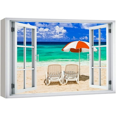 wall26 Canvas Print Wall Art Window View Beach Shore Chair Island Ocean Vacation Wilderness Nature Photography Realism Scenic Landscape Colorful Multicolor for Living Room, Bedroom, Office - 24&quot;