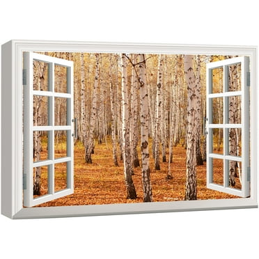 wall26 Canvas Print Wall Art Window View to Birch Trees in Autumn Forest Nature Wilderness Photography Realism Rustic Landscape Colorful Multicolor Ultra for Living Room, Bedroom, Office - 24&quot;x3