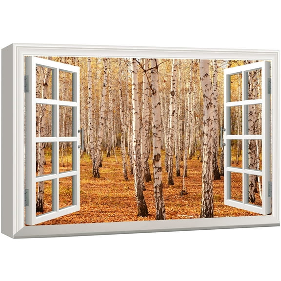 wall26 Canvas Print Wall Art Window View to Birch Trees in Autumn Forest Nature Wilderness Photography Realism Rustic Landscape Colorful Multicolor Ultra for Living Room, Bedroom, Office - 24"x3