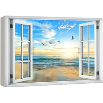 wall26 Canvas Print Wall Art Window View Birds Flying Sunset Ocean Beach Horizon Wilderness Nature Photography Realism Scenic Landscape Colorful Multicolor for Living Room, Bedroom, Office - 16"