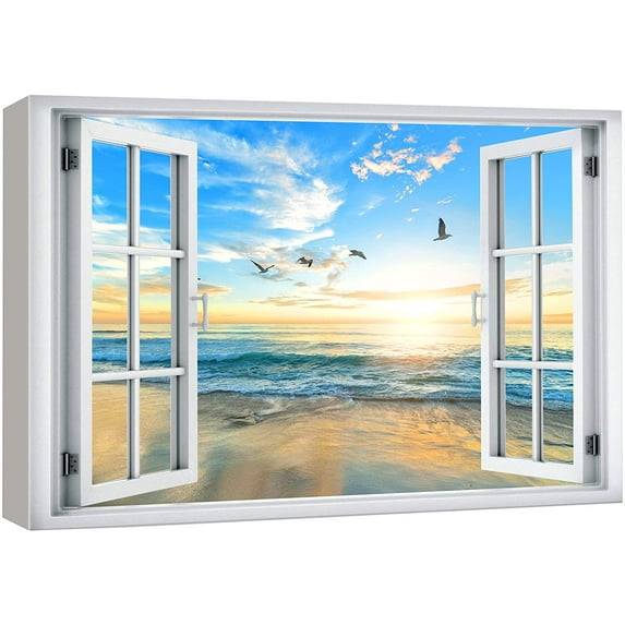 wall26 Canvas Print Wall Art Window View Birds Flying Sunset Ocean Beach Horizon Wilderness Nature Photography Realism Scenic Landscape Colorful Multicolor for Living Room, Bedroom, Office - 16"