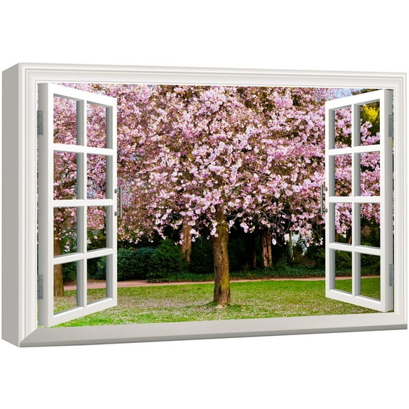 wall26 Canvas Print Wall Art Window View to Blooming Spring Sakura Blossoms Nature Wilderness Photography Realism Rustic Landscape Colorful Multicolor Ultra for Living Room, Bedroom, Office - 24&quot