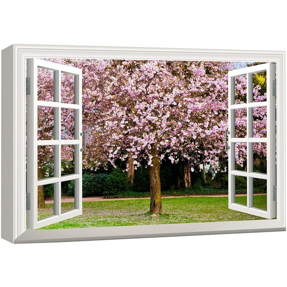 wall26 Canvas Print Wall Art Window View to Blooming Spring Sakura Blossoms Nature Wilderness Photography Realism Rustic Landscape Colorful Ultra for Living Room, Bedroom, Office - 12&quot;x18&quot;