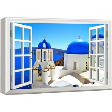 wall26 Canvas Print Wall Art Window View of Blue Buildings in Greece Nature Wilderness Photography Realism Rustic Landscape Colorful Vibrant for Living Room, Bedroom, Office - 24&quot;x36&quot;