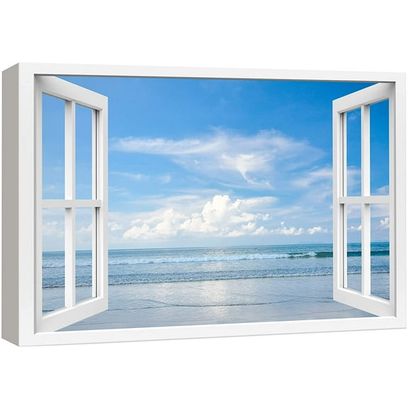 wall26 Canvas Print Wall Art Window View Blue Cloud Sky Ocean Beach Shore Wave Wilderness Nature Photography Realism Scenic Landscape Colorful Multicolor for Living Room, Bedroom, Office - 32"x4