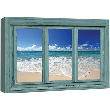 wall26 Canvas Print Wall Art Window View Blue Sandy Beach Paradise Nature Wilderness Photography Modern Art Rustic Scenic Colorful Ultra for Living Room, Bedroom, Office - 12&quot;x18&quot;