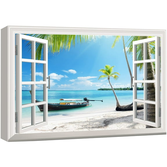 wall26 Canvas Print Wall Art Window View to Boat on Beach Shore Nature Wilderness Photography Realism Rustic Landscape Colorful Multicolor Ultra for Living Room, Bedroom, Office - 24"x36"