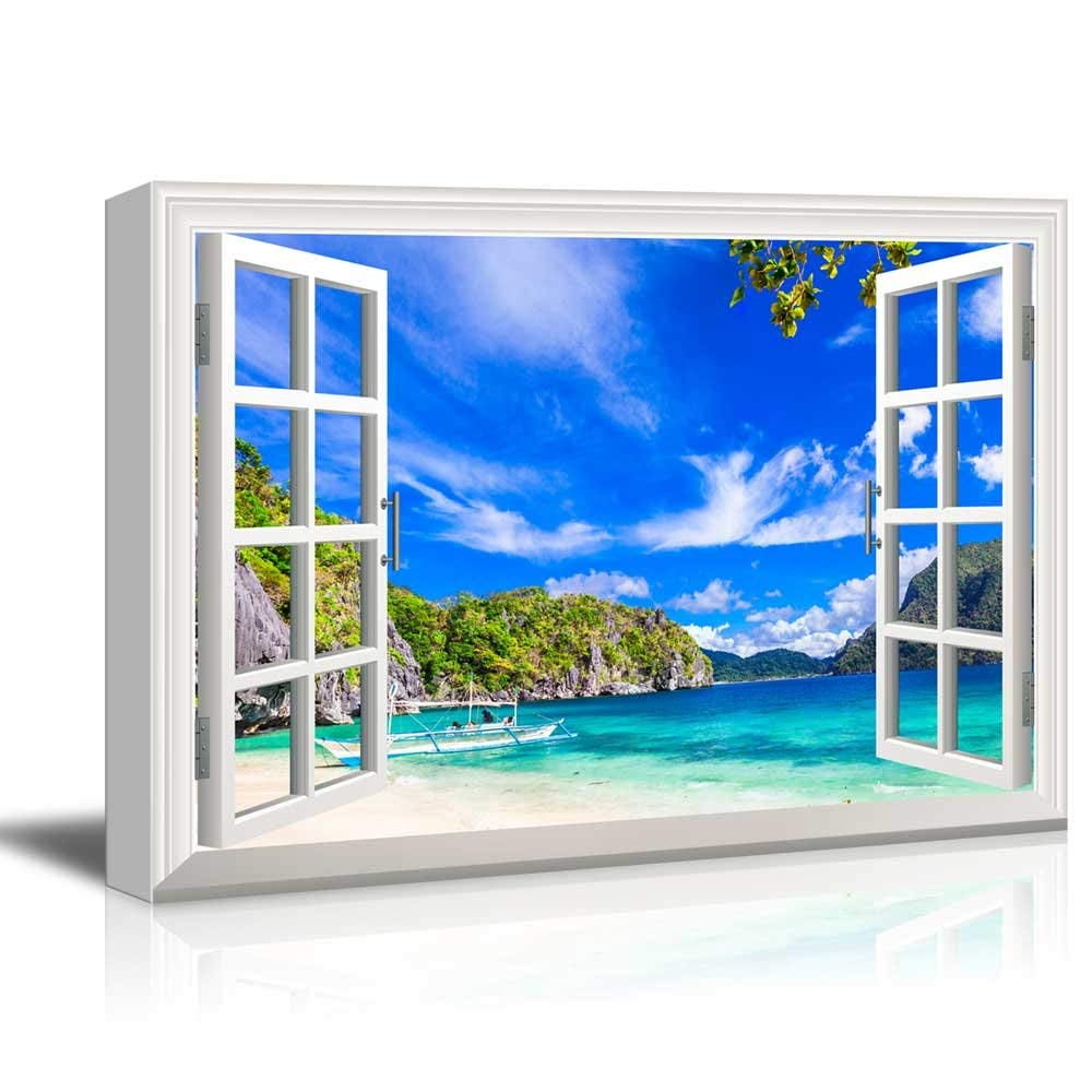 wall26 Canvas Print Wall Art Window View to Boat & Tropical Beach