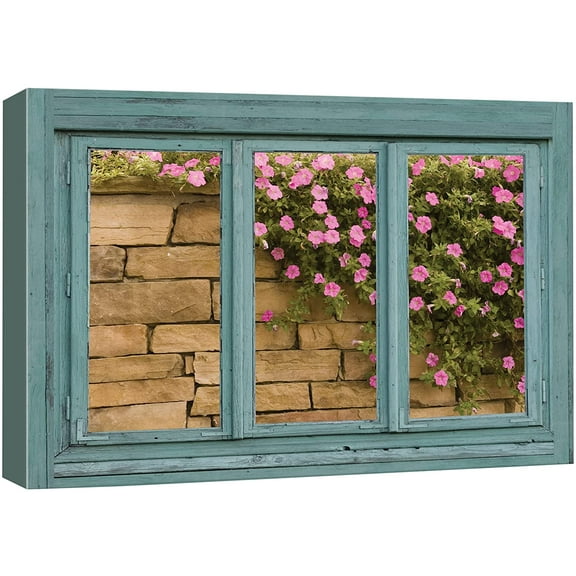 wall26 Canvas Print Wall Art Window View of Brick Wall &amp; Pink Flowers Nature Wilderness Photography Realism Rustic Landscape Colorful Vibrant for Living Room, Bedroom, Office - 32"x48"