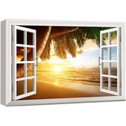 wall26 Canvas Print Wall Art Window View to Caribbean Beach Sunrise Nature Wilderness Photography Realism Rustic Landscape Colorful Multicolor Ultra for Living Room, Bedroom, Office - 12"x18&quo
