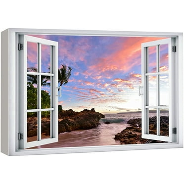 wall26 Canvas Print Wall Art Window View Caribbean Tropical Island Sunset Sky Wilderness Nature Photography Realism Scenic Landscape Colorful Multicolor for Living Room, Bedroom, Office - 12&quot;x18
