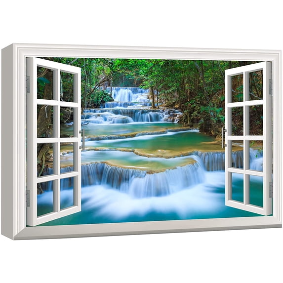 wall26 Canvas Print Wall Art Window View of Cascading Forest Waterfall Nature Wilderness Photography Realism Rustic Landscape Colorful Vibrant for Living Room, Bedroom, Office - 32"x48"