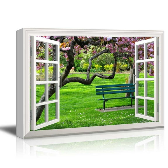 wall26 Canvas Print Wall Art Window View to Cherry Blossom Tree in Park Nature Wilderness Photography Realism Rustic Landscape Colorful Multicolor Ultra for Living Room, Bedroom, Office - 24"x36