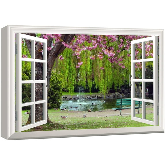 wall26 Canvas Print Wall Art Window View to Cherry Blossoms & Ducks in Park Nature Wilderness Photography Realism Rustic Landscape Colorful Multicolor Ultra for Living Room, Bedroom, Office - 24&