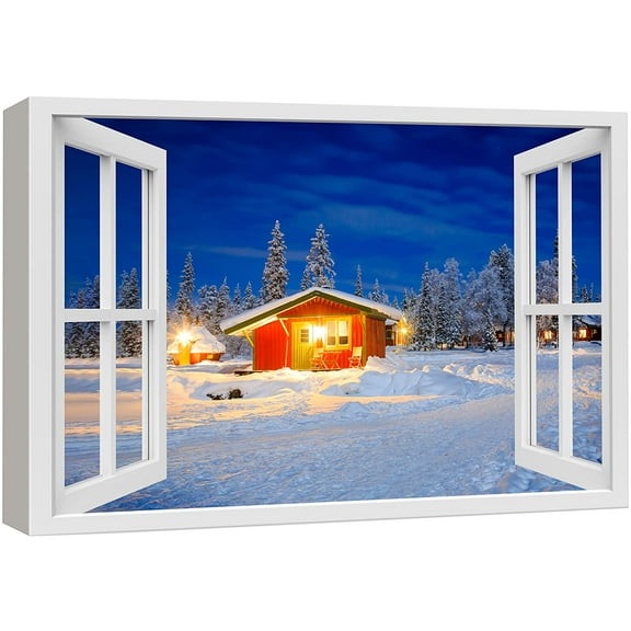wall26 Canvas Print Wall Art Window View Christmas Light Winter Wonderland Celebrations & Holidays Nature Photography Realism Landscape Colorful Multicolor for Living Room, Bedroom, Office - 32&q