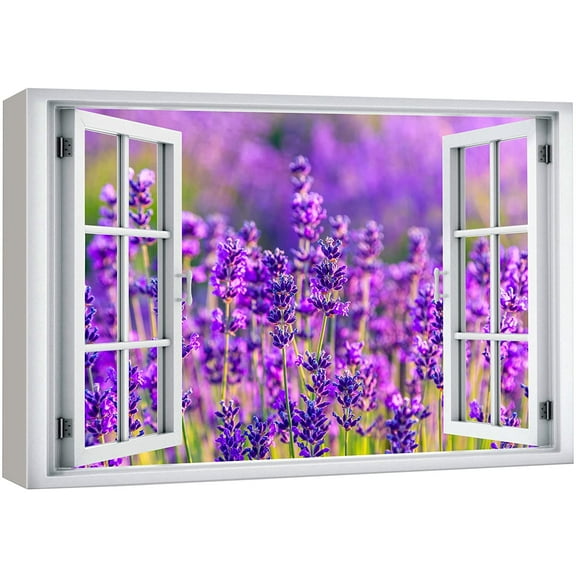 wall26 Canvas Print Wall Art Window View Close Up Lavender Flower Botanical Field Wilderness Nature Photography Realism Scenic Landscape Colorful Multicolor for Living Room, Bedroom, Office - 12&quot