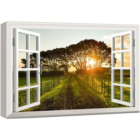 wall26 Canvas Print Wall Art Window View of Country Road at Sunset Nature Wilderness Photography Realism Rustic Scenic Colorful Relax/Calm Ultra for Living Room, Bedroom, Office - 16"x24"