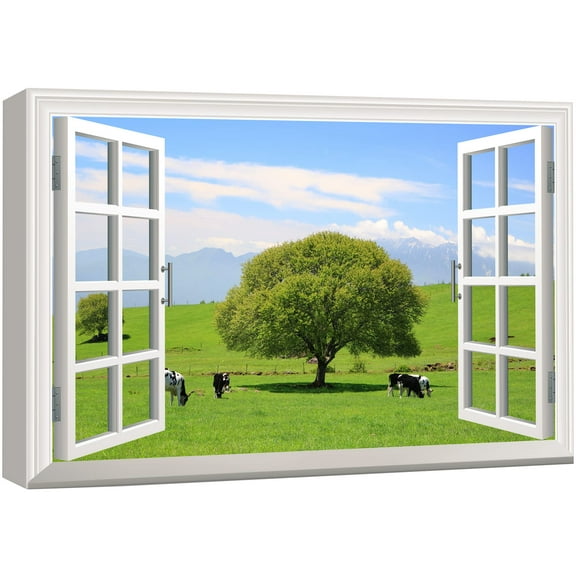 wall26 Canvas Print Wall Art Window View of Cows Grazing in Tree Field Nature Animals Photography Realism Rustic Scenic Colorful Relax/Calm Ultra for Living Room, Bedroom, Office - 24"x36"