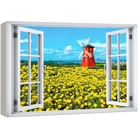 wall26 Canvas Print Wall Art Window View Dutch Red Windmill Yellow Flower Field Wilderness Nature Photography Realism Scenic Landscape Colorful Multicolor for Living Room, Bedroom, Office - 16"x