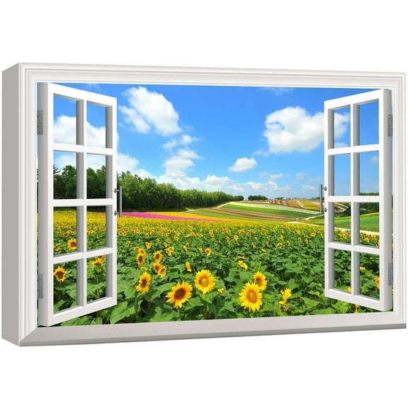 wall26 Canvas Print Wall Art Window View of Dutch Style Sunflower Field Nature Wilderness Photography Realism Rustic Scenic Colorful Relax/Calm Ultra for Living Room, Bedroom, Office - 12"x18&qu