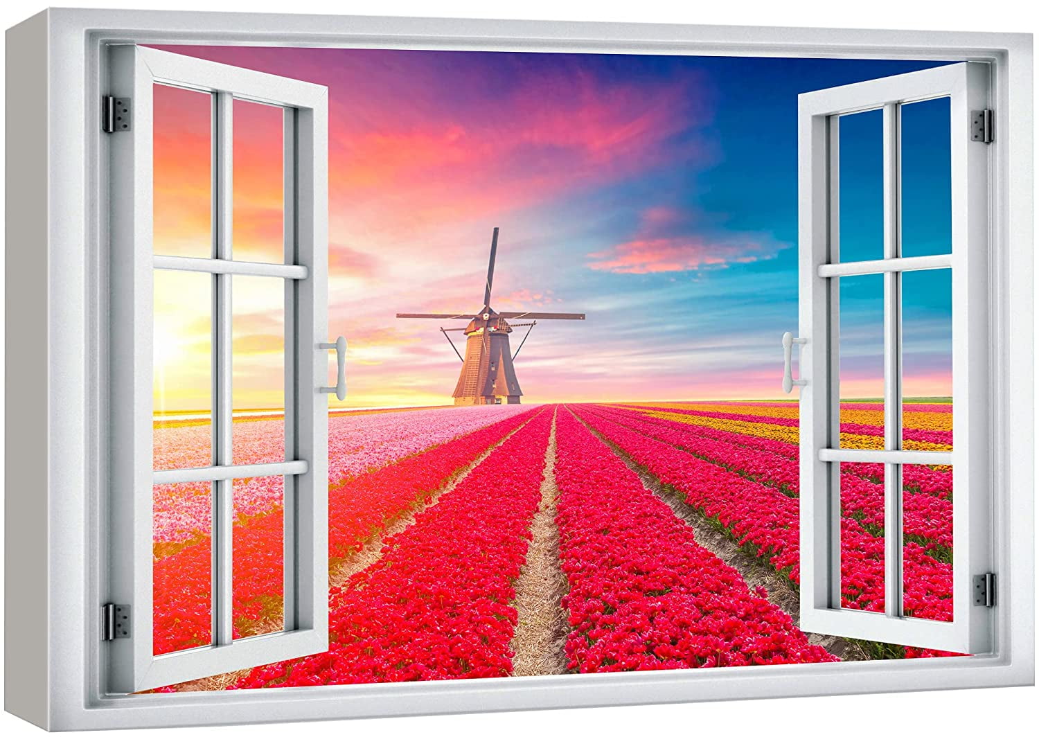 wall26 Canvas Print Wall Art Window View Dutch Windmill Rainbow Sunset
