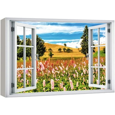 wall26 Canvas Print Wall Art Window View European Floral Botanical Flower Field Wilderness Nature Photography Realism Scenic Landscape Colorful Multicolor for Living Room, Bedroom, Office - 12x18