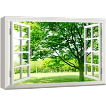 wall26 Canvas Print Wall Art Window View of Field of Green Flowers Nature Wilderness Photography Realism Rustic Scenic Colorful Relax/Calm Ultra for Living Room, Bedroom, Office - 32"x48"