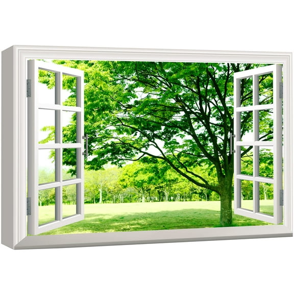 wall26 Canvas Print Wall Art Window View of Field of Green Flowers Nature Wilderness Photography Realism Rustic Scenic Colorful Relax/Calm Ultra for Living Room, Bedroom, Office - 32"x48"