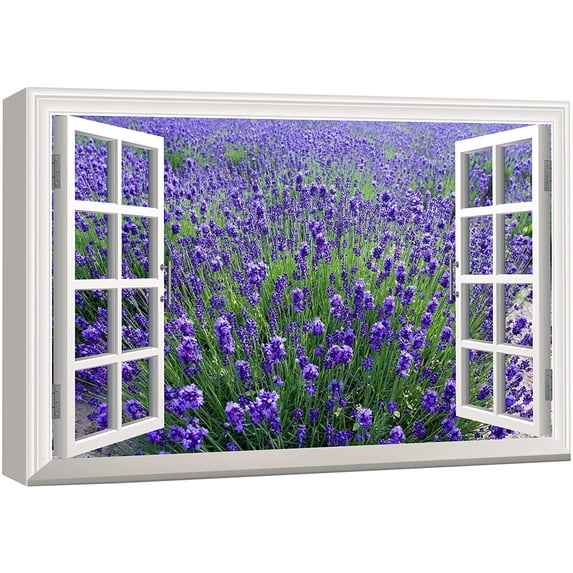 wall26 Canvas Print Wall Art Window View to Field of Lavender Flowers Nature Wilderness Photography Realism Rustic Landscape Colorful Multicolor Ultra for Living Room, Bedroom, Office - 32"x48&q
