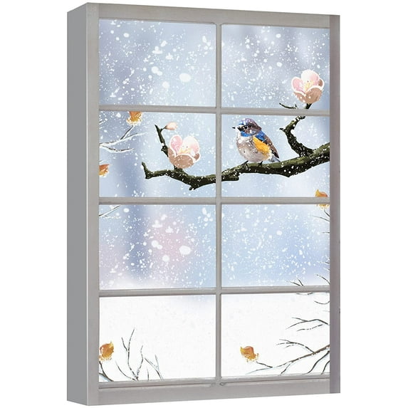 wall26 Canvas Print Wall Art Window View Finch Birds Cherry Blossom Winter Tree Wilderness Nature Illustrations Realism Scenic Landscape Colorful Multicolor for Living Room, Bedroom, Office - 32"