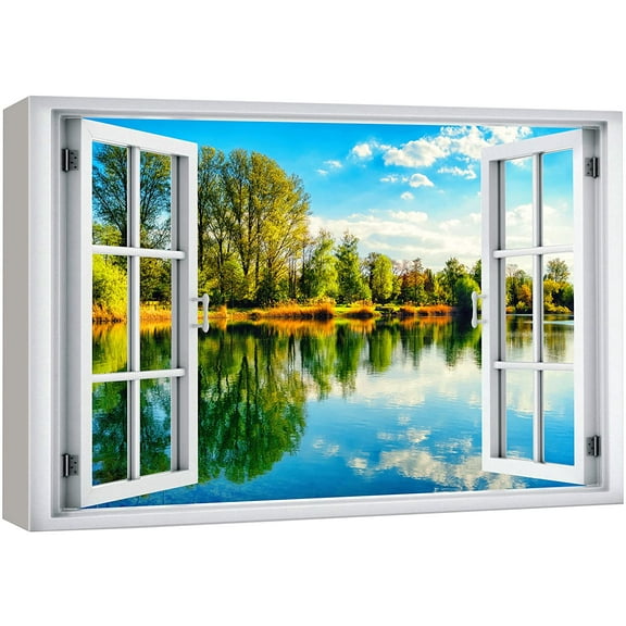 wall26 Canvas Print Wall Art Window View Forest Cloudy Blue Sky Lake Reflection Wilderness Nature Photography Realism Scenic Landscape Colorful Multicolor for Living Room, Bedroom, Office - 16"x