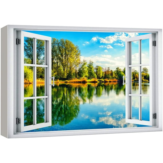wall26 Canvas Print Wall Art Window View Forest Cloudy Blue Sky Lake Reflection Wilderness Nature Photography Realism Scenic Landscape Colorful Multicolor for Living Room, Bedroom, Office - 24"x