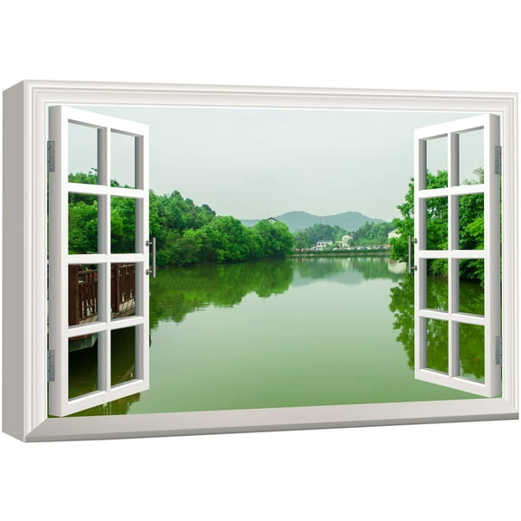 wall26 Canvas Print Wall Art Window View of Forest Lake Clearing Nature Wilderness Photography Realism Rustic Scenic Colorful Relax/Calm Ultra for Living Room, Bedroom, Office - 24"x36"