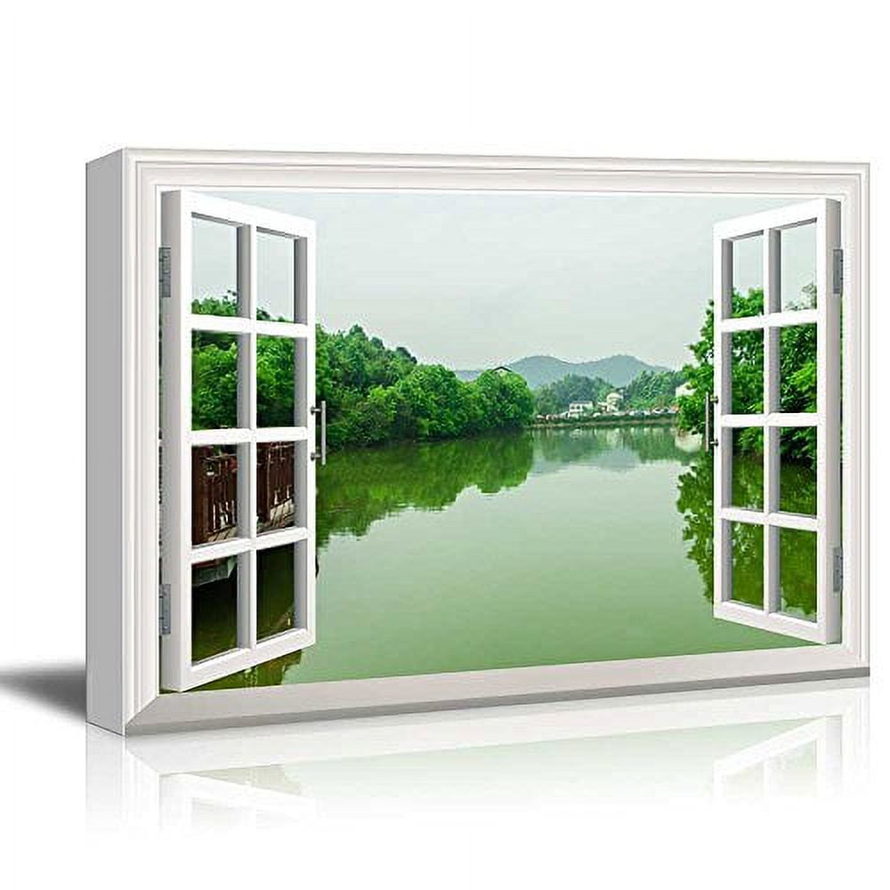 wall26 Canvas Print Wall Art Window View of Forest Lake Clearing Nature