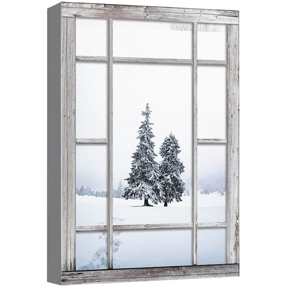 wall26 Canvas Print Wall Art Window View Forest Pine Tree Winter Snow Mountain Wilderness Nature Photography Realism Scenic Landscape Colorful Multicolor for Living Room, Bedroom, Office - 12"x1