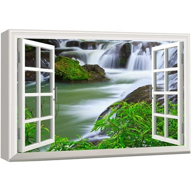 wall26 Canvas Print Wall Art Window View to Forest Waterfall &amp; River Nature Wilderness Photography Realism Rustic Landscape Colorful Multicolor Ultra for Living Room, Bedroom, Office - 12&quot;x1