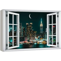 wall26 Canvas Print Wall Art Window View Futuristic Night New York City Skyscraper Wilderness Nature Photography Realism Urban Landscape Colorful Multicolor for Living Room, Bedroom, Office - 32&quot