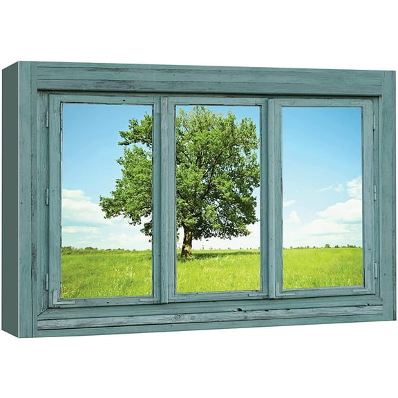 wall26 Canvas Print Wall Art Window View of Green Field with Lone Tree Nature Wilderness Photography Modern Art Rustic Scenic Colorful Ultra for Living Room, Bedroom, Office - 16"x24"