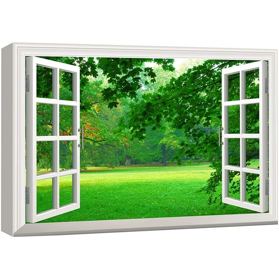 wall26 Canvas Print Wall Art Window View to Green Forest Field Nature Wilderness Photography Realism Rustic Landscape Colorful Multicolor Ultra for Living Room, Bedroom, Office - 16"x24"