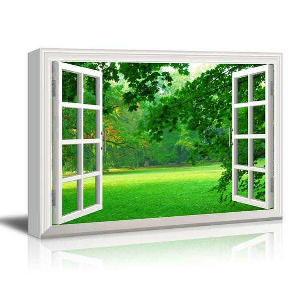 wall26 Canvas Print Wall Art Window View to Green Forest Field Nature Wilderness Photography Realism Rustic Landscape Colorful Multicolor Ultra for Living Room, Bedroom, Office - 24"x36"