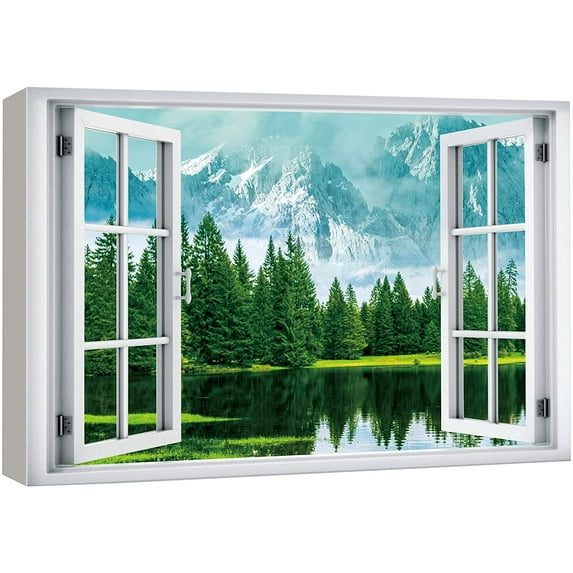 wall26 Canvas Print Wall Art Window View Green Forest Lake Snowy Mountains Wilderness Nature Photography Realism Scenic Landscape Colorful Multicolor for Living Room, Bedroom, Office - 32"x48&qu