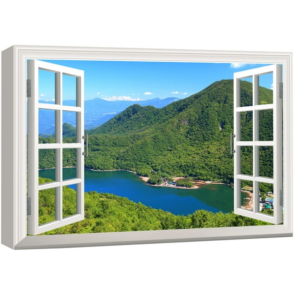 wall26 Canvas Print Wall Art Window View of Green Mountain Village Nature Wilderness Photography Realism Rustic Scenic Colorful Relax/Calm Ultra for Living Room, Bedroom, Office - 12"x18"