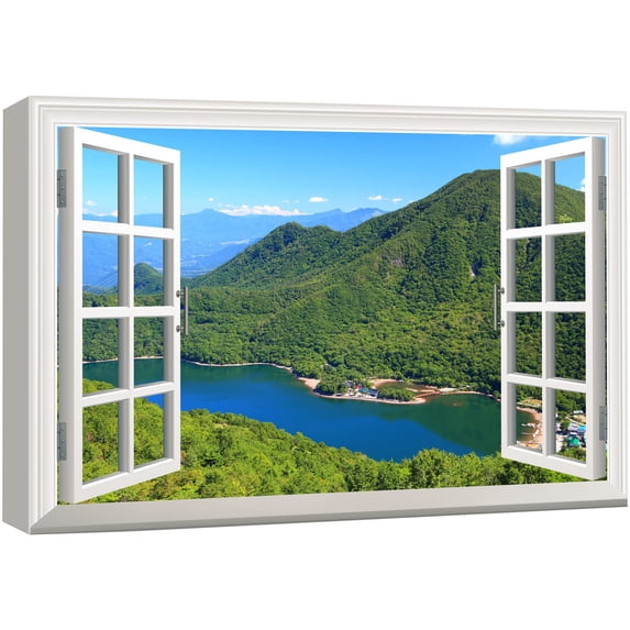 wall26 Canvas Print Wall Art Window View of Green Mountain Village Nature Wilderness Photography Realism Rustic Scenic Colorful Relax/Calm Ultra for Living Room, Bedroom, Office - 12"x18"
