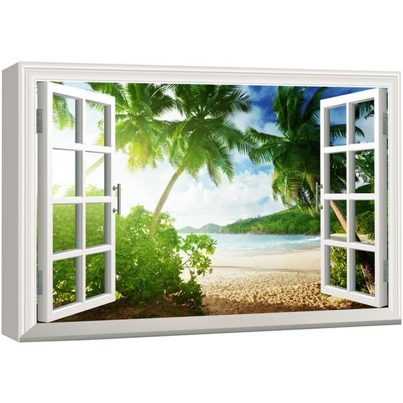wall26 Canvas Print Wall Art Window View of Green Palm Trees on Shore Nature Wilderness Photography Realism Rustic Landscape Colorful Vibrant for Living Room, Bedroom, Office - 24"x36"