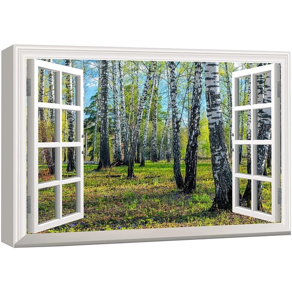 wall26 Canvas Print Wall Art Window View to Green Spring Forest Nature Wilderness Photography Realism Rustic Landscape Colorful Multicolor Ultra for Living Room, Bedroom, Office - 32"x48"