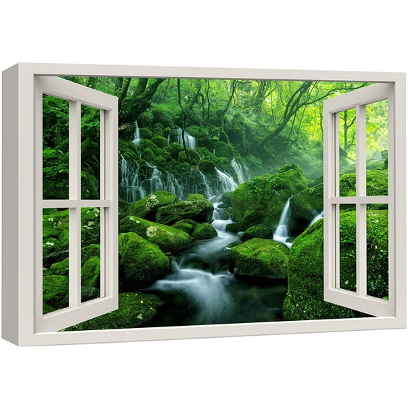 wall26 Canvas Print Wall Art Window View Green Tree Forest River Rapid Cascade Wilderness Nature Photography Realism Scenic Landscape Colorful Multicolor for Living Room, Bedroom, Office - 24"x3