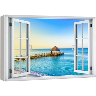 wall26 Canvas Print Wall Art Window View Hawaiian Tropical Paradise Ocean Pier Wilderness Nature Photography Realism Scenic Landscape Colorful Multicolor for Living Room, Bedroom, Office - 12&quot;x1