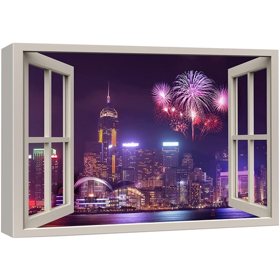 wall26 Canvas Print Wall Art Window View Hong Kong Victoria Harbor Parade Celebrations & Holidays Nature Photography Realism Landscape Colorful Multicolor for Living Room, Bedroom, Office - 16&qu