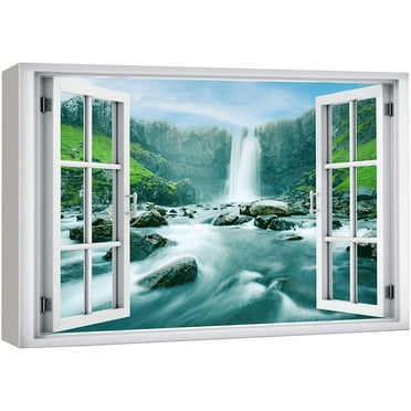 wall26 Canvas Print Wall Art Window View Icelandic Waterfall Forest Rapid River Wilderness Nature Photography Realism Scenic Landscape Colorful Multicolor for Living Room, Bedroom, Office - 24&quot;x